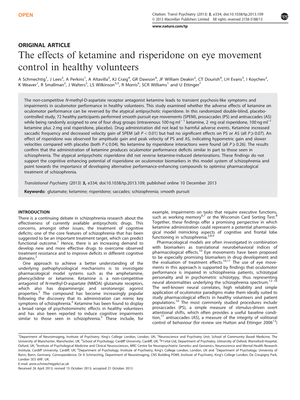 The Effects of Ketamine and Risperidone on Eye Movement Control in Healthy Volunteers