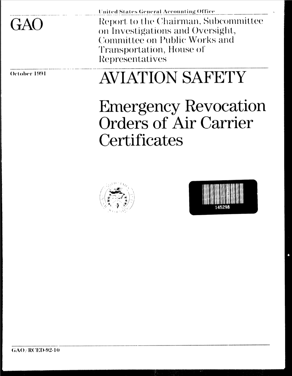 RCED-92-10 Aviation Safety: Emergency Revocation Orders Of