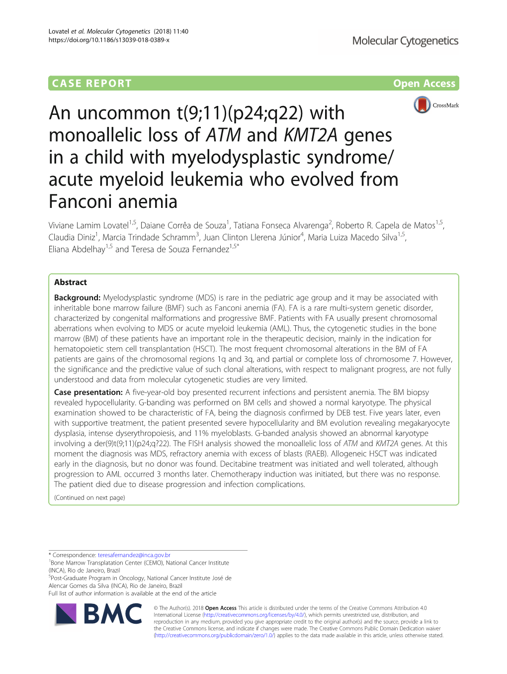 (P24;Q22) with Monoallelic Loss of ATM and KMT2A Genes in a Child with Myelodysplastic Syndrome/Acute Myeloid