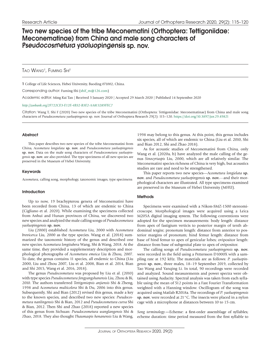 Orthoptera: Tettigoniidae: Meconematinae) from China and Male Song Characters of Pseudocosmetura Yaoluopingensis Sp