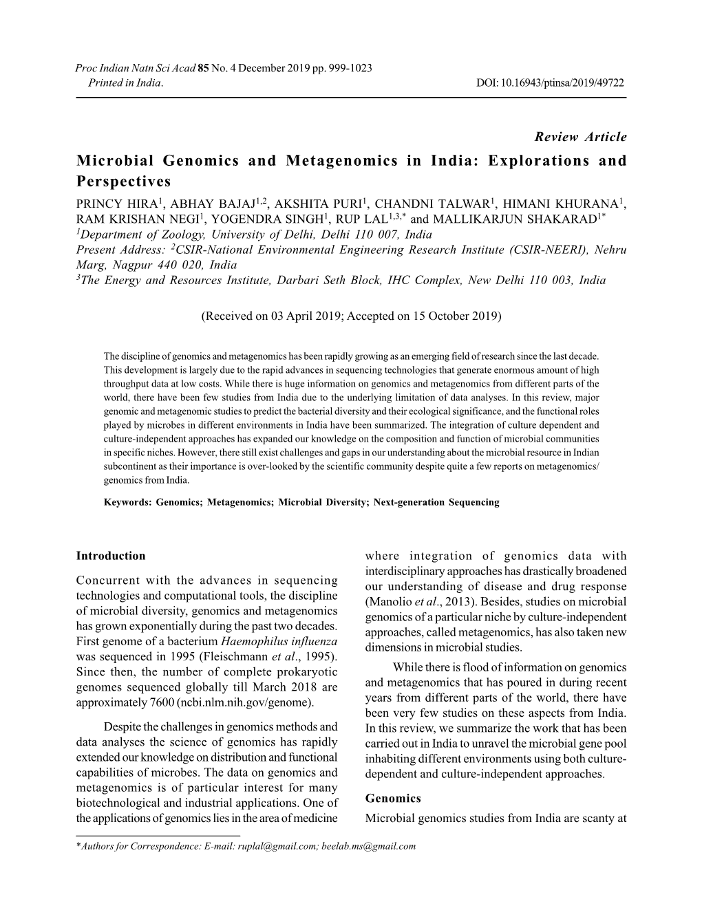 Microbial Genomics and Metagenomics in India: Explorations and Perspectives