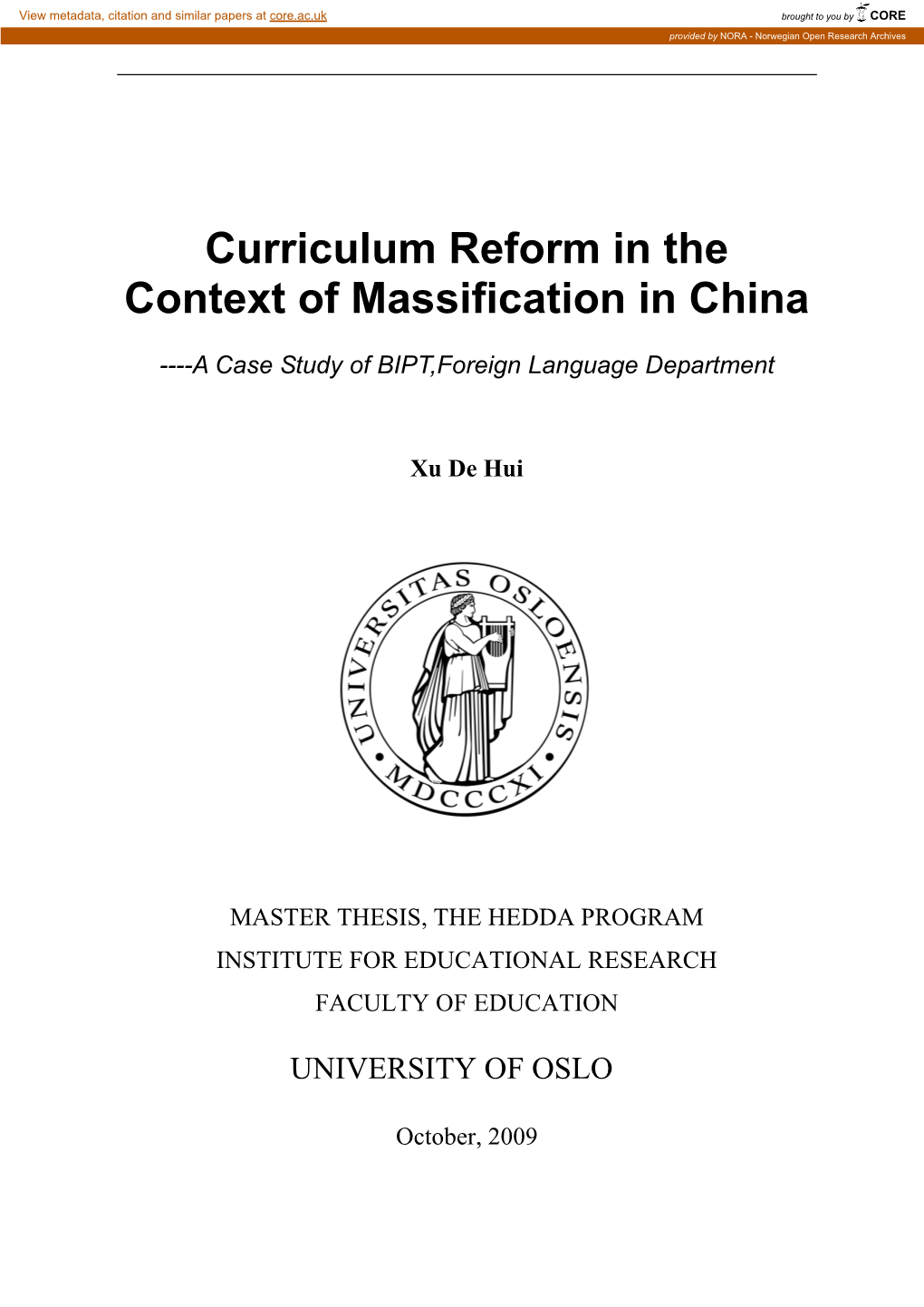 Curriculum Reform in the Context of Massification in China
