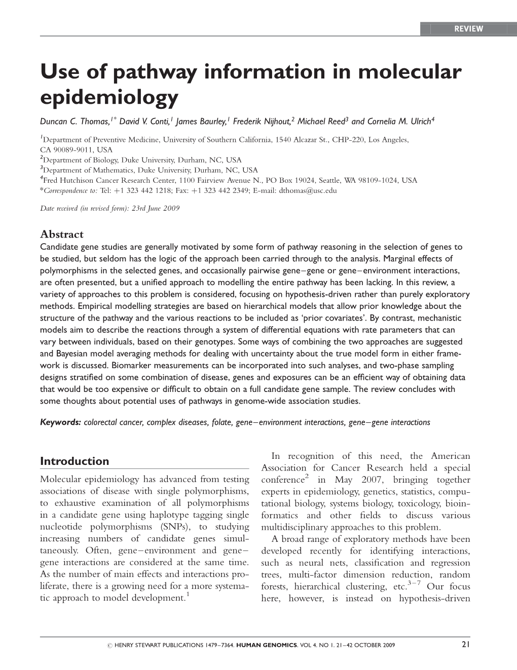 Use of Pathway Information in Molecular Epidemiology Duncan C