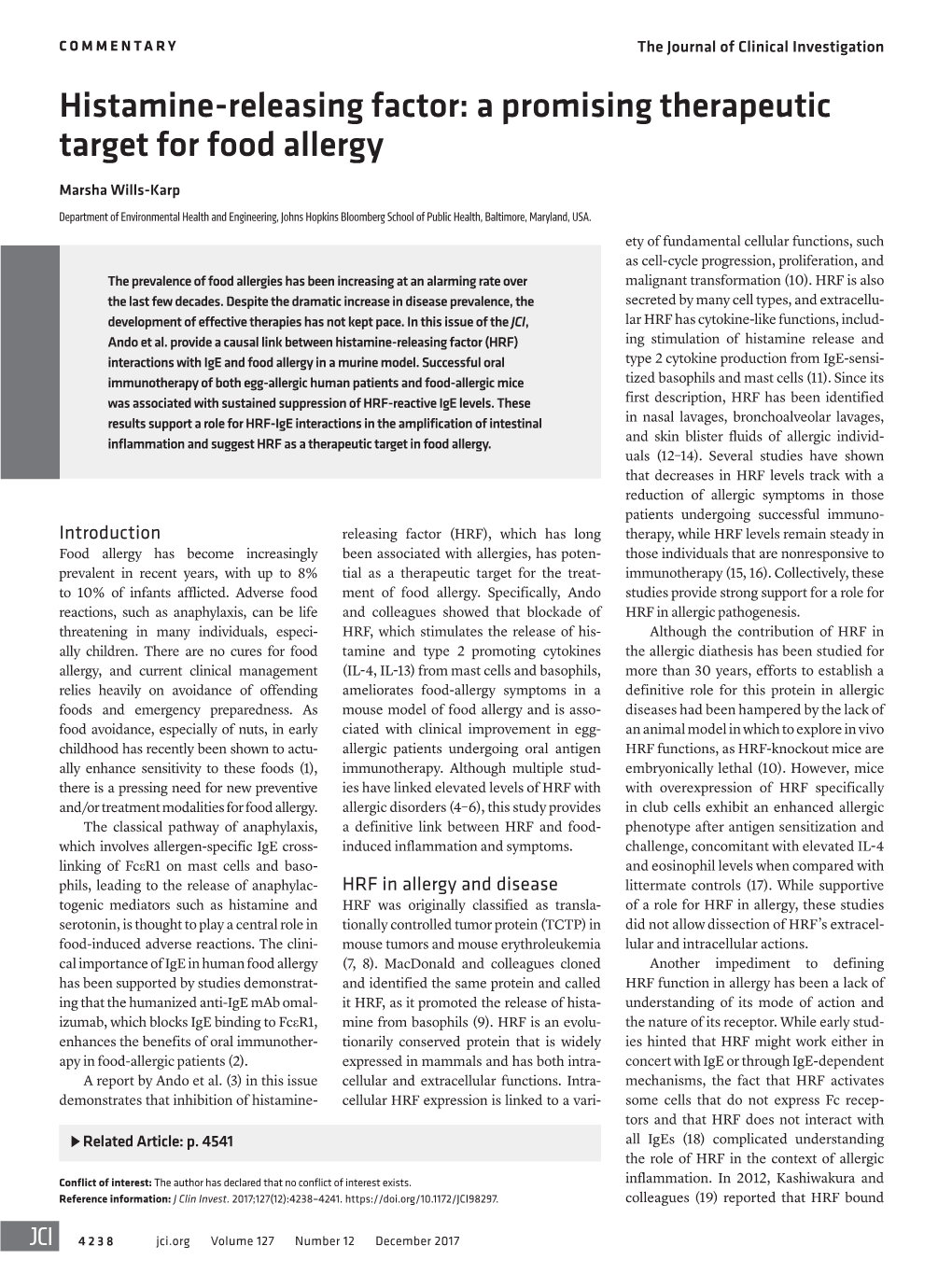 Histamine-Releasing Factor: a Promising Therapeutic Target for Food Allergy