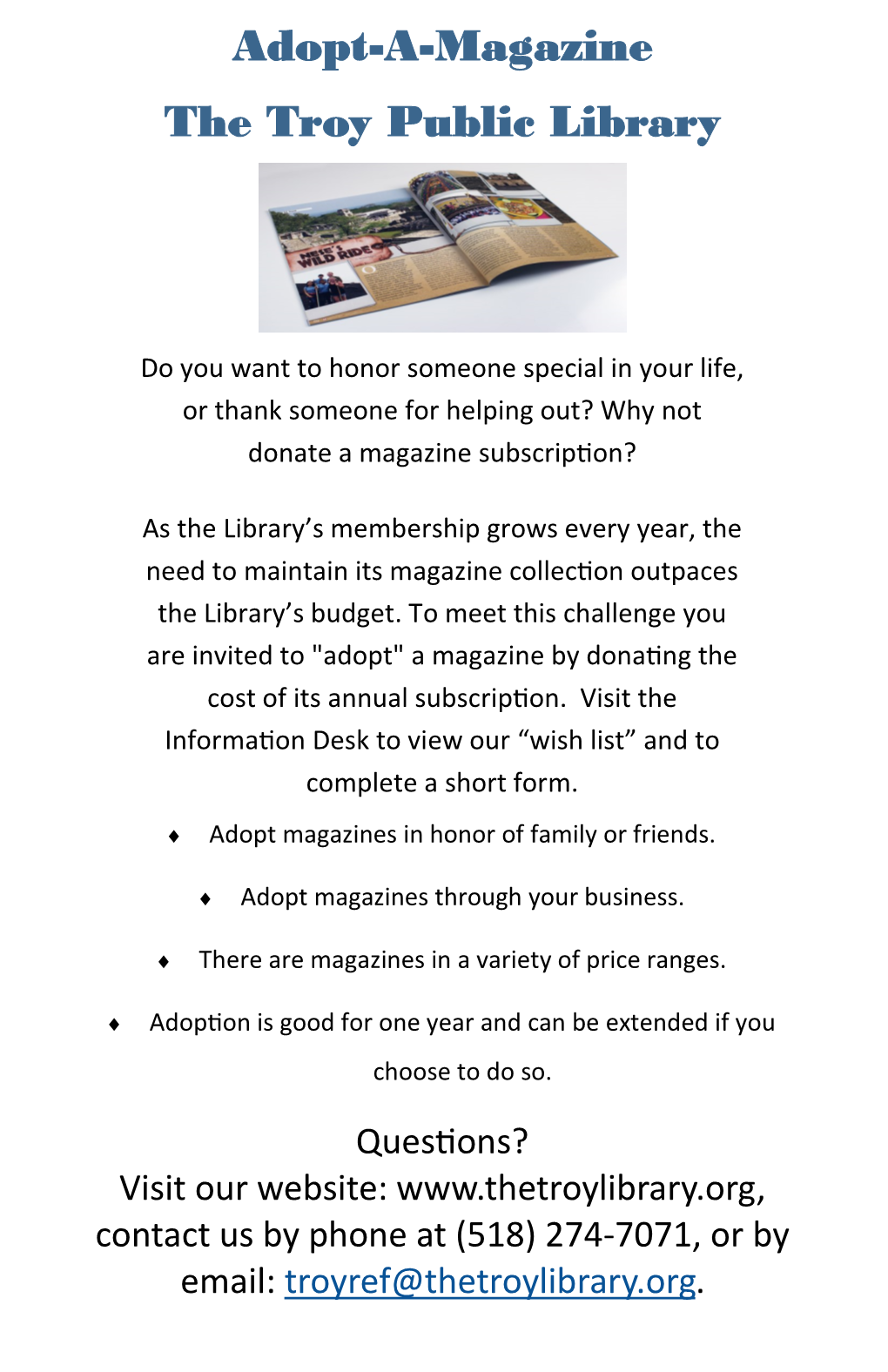 Adopt-A-Magazine the Troy Public Library