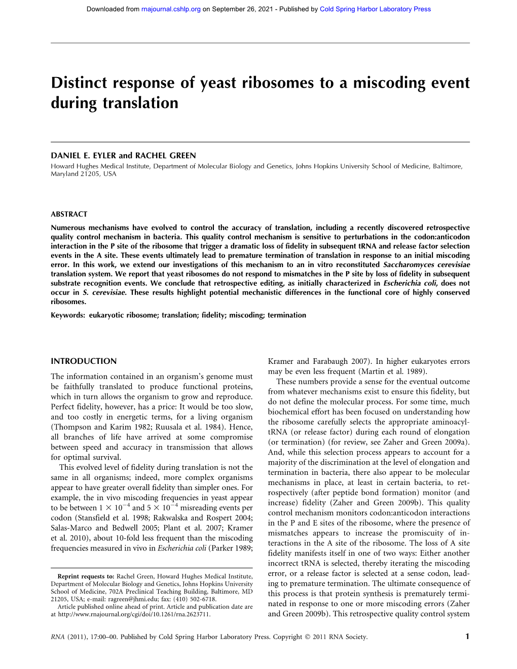 Distinct Response of Yeast Ribosomes to a Miscoding Event During Translation