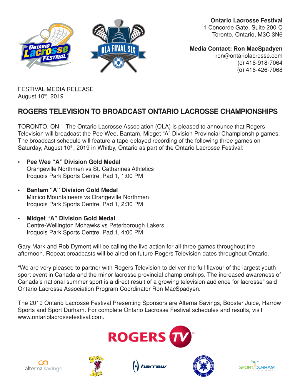 Rogers Television to Broadcast Ontario Lacrosse Championships