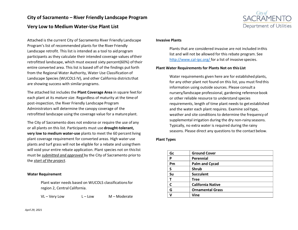 River Friendly Landscape Program Very Low to Medium Water-Use Plant List