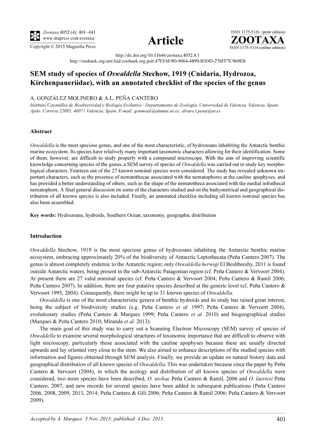 SEM Study of Species of Oswaldella Stechow, 1919 (Cnidaria, Hydrozoa, Kirchenpaueriidae), with an Annotated Checklist of the Species of the Genus