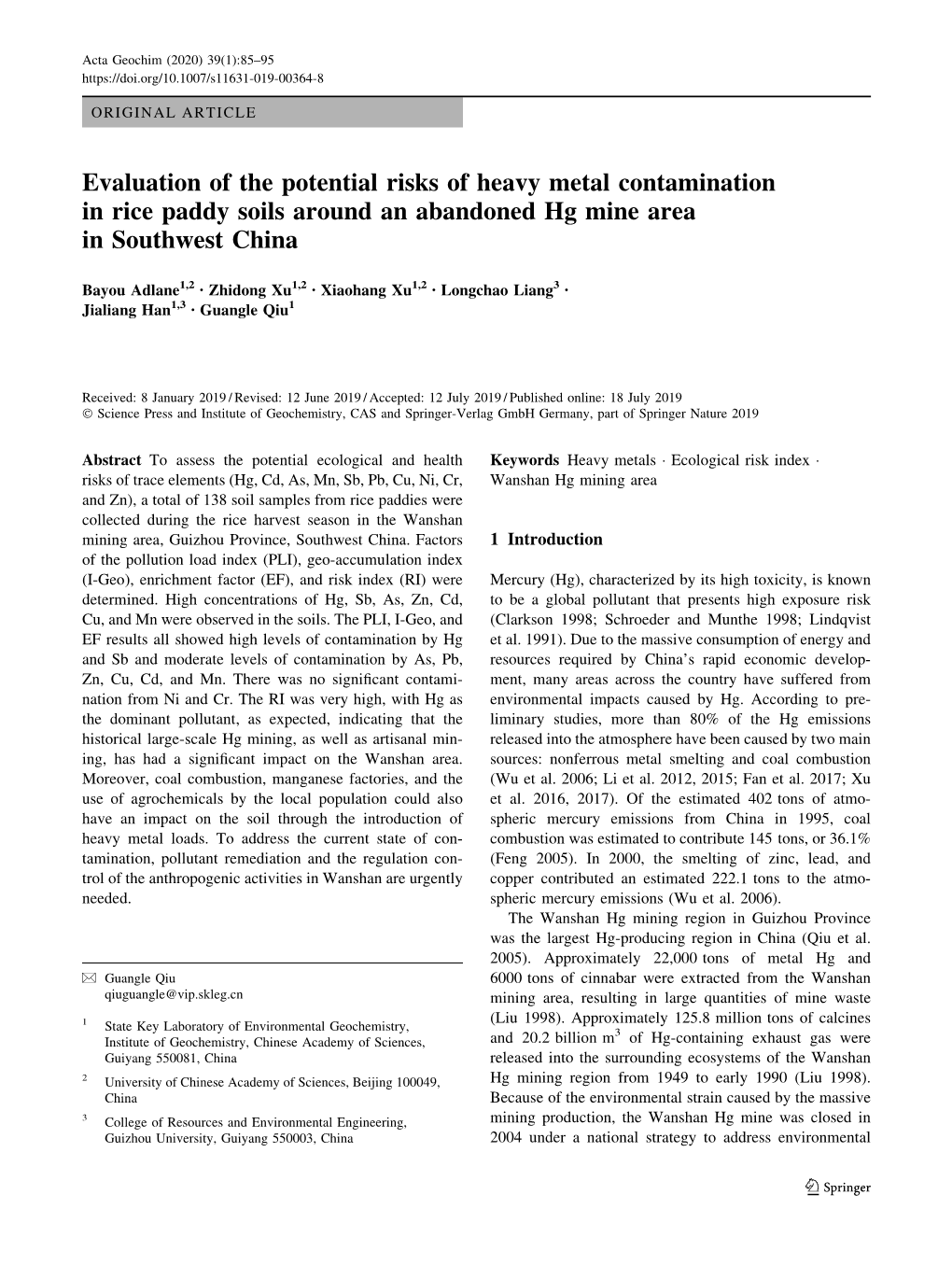 Evaluation of the Potential Risks of Heavy Metal Contamination in Rice Paddy Soils Around an Abandoned Hg Mine Area in Southwest China