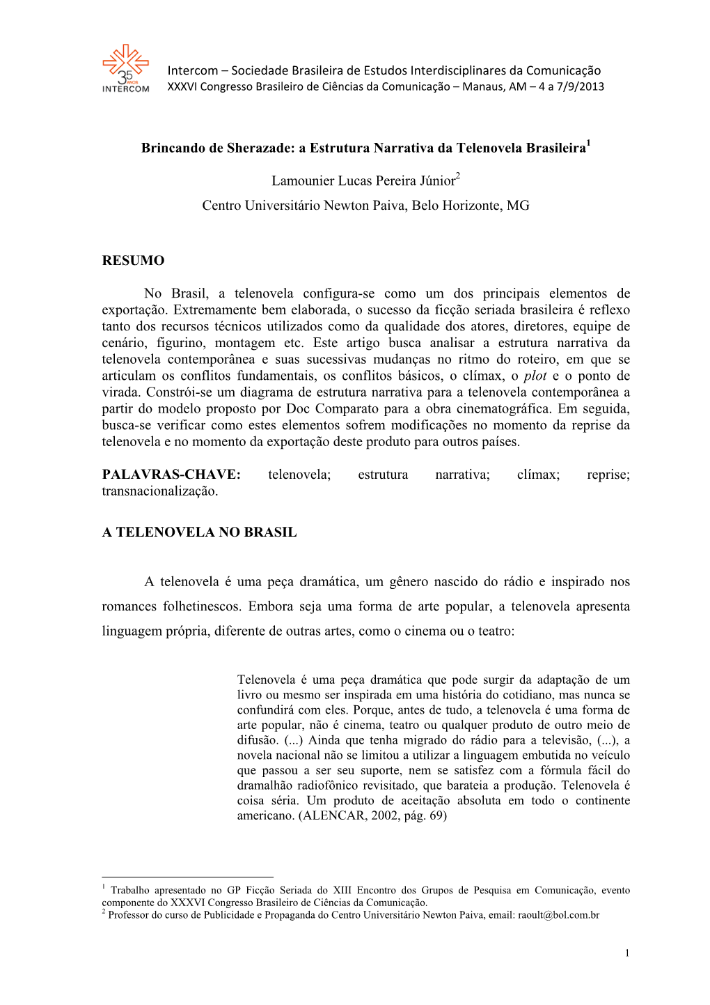 A Estrutura Narrativa Da Telenovela Brasileira Lamounier Lucas Pereira