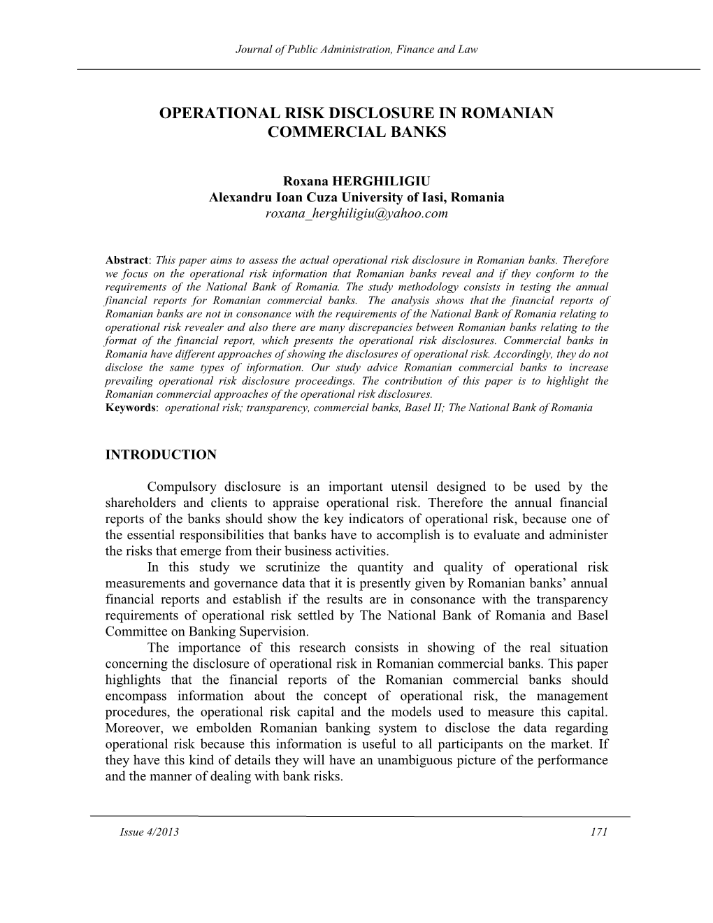 Operational Risk Disclosure in Romanian Commercial Banks