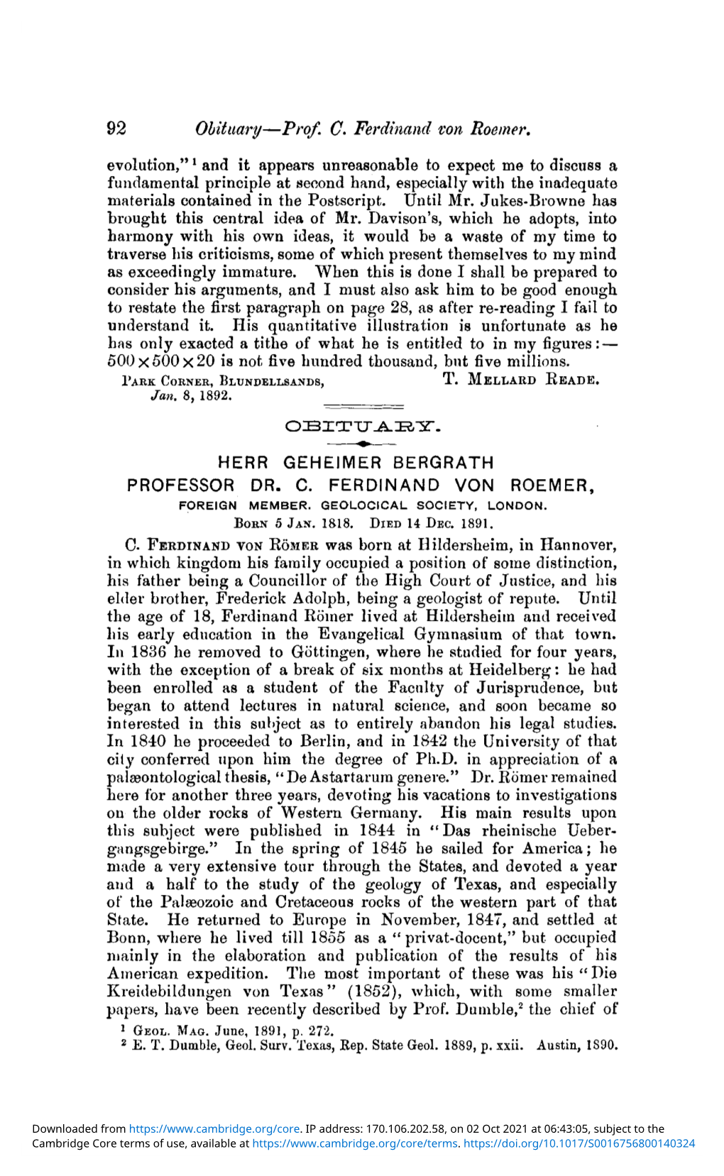 Herr Geheimer Bergrath Professor Dr. C. Ferdinand Von Roemer, Foreign Member