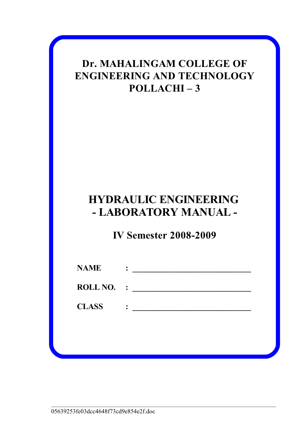 MCET CIVIL Hydraulic Engg LAB MANUAL Draft Ver2.0