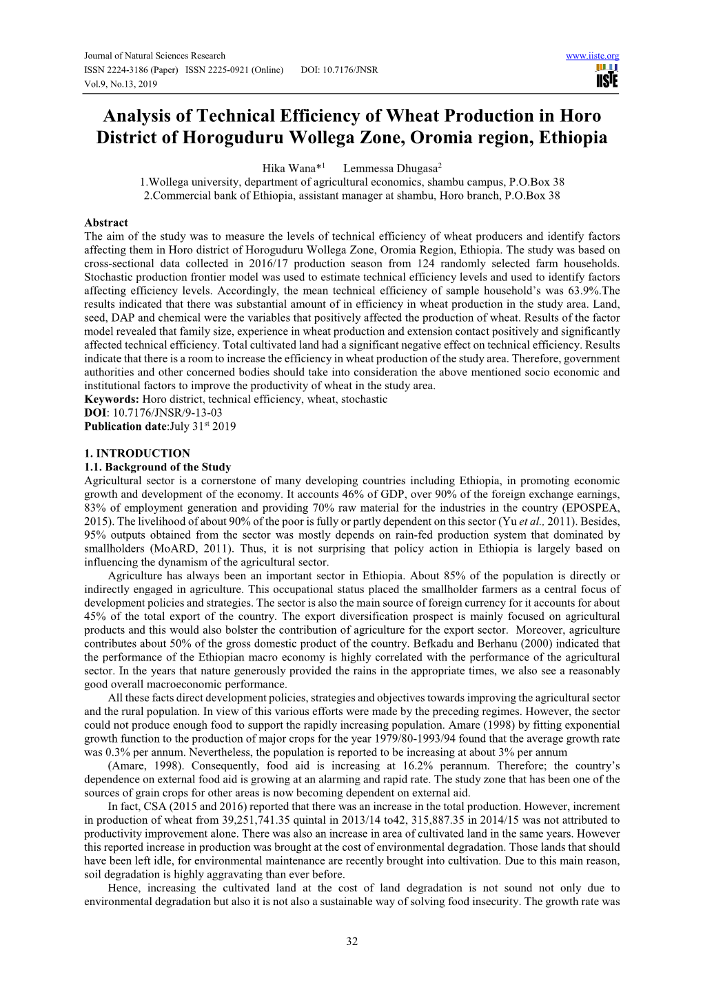 Analysis of Technical Efficiency of Wheat Production in Horo District of Horoguduru Wollega Zone, Oromia Region, Ethiopia