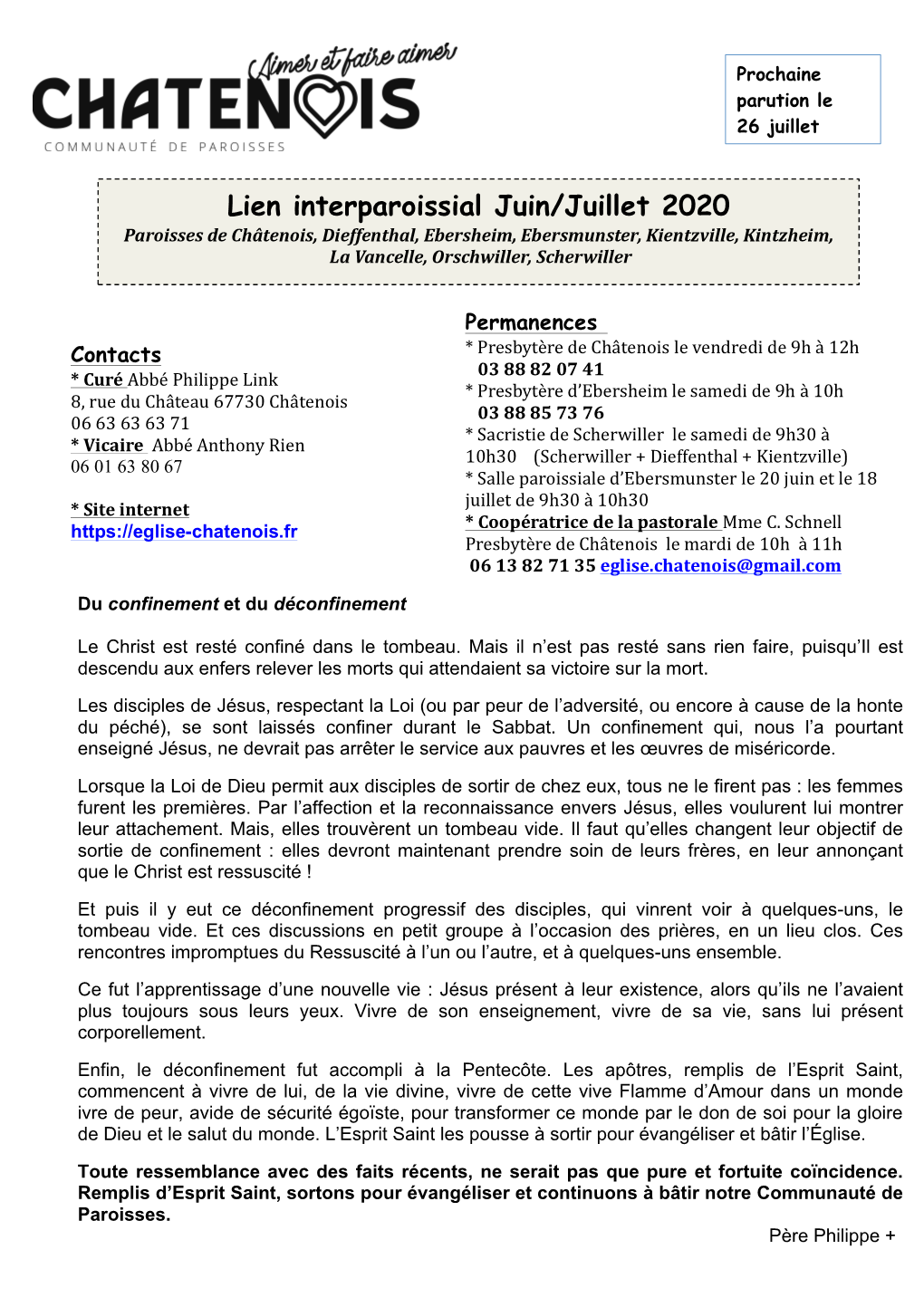 Lien Interparoissial Juin/Juillet 2020 Paroisses De Châtenois, Dieffenthal, Ebersheim, Ebersmunster, Kientzville, Kintzheim, La Vancelle, Orschwiller, Scherwiller