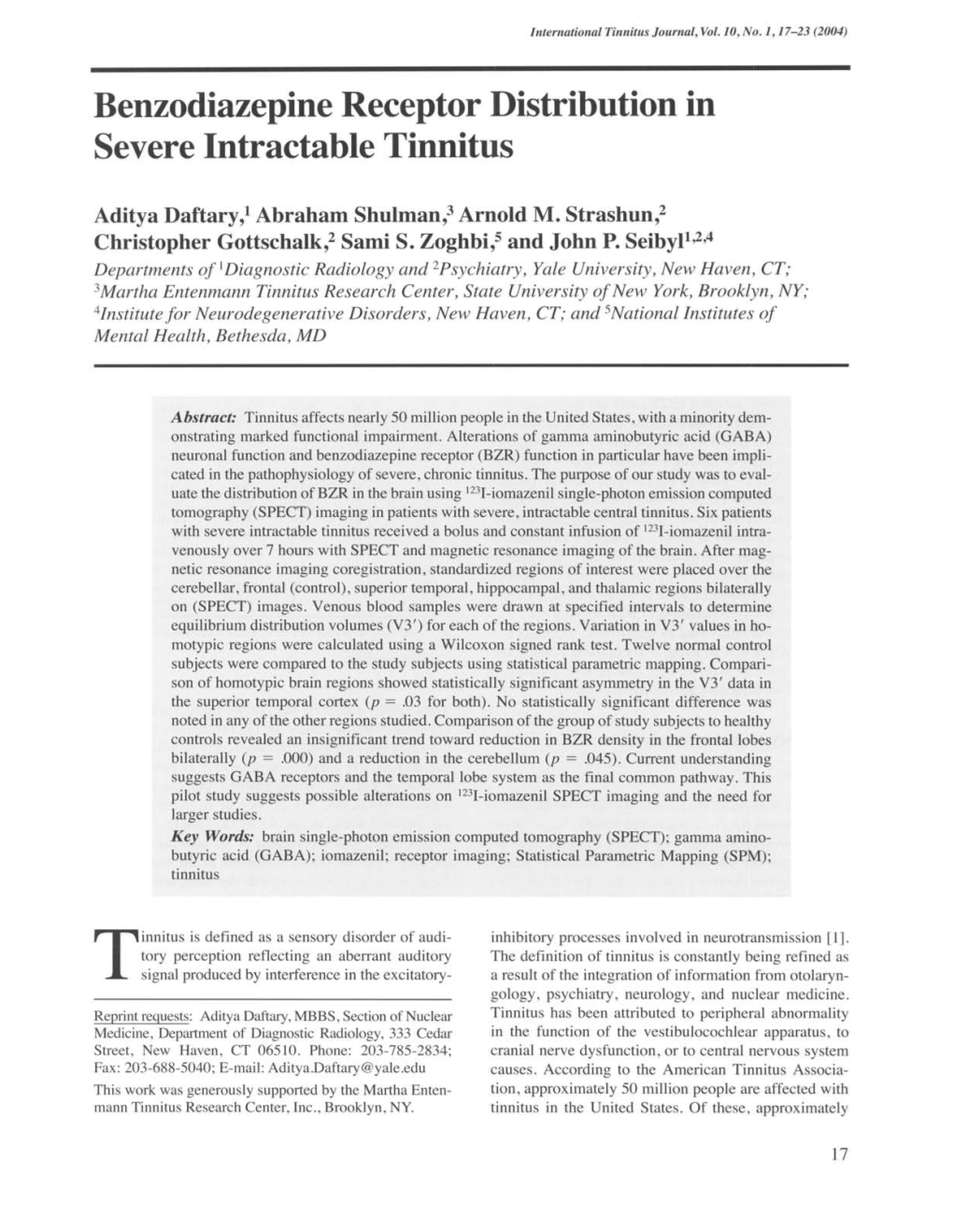 Benzodiazepine Receptor Distribution in Severe Intractable Tinnitus