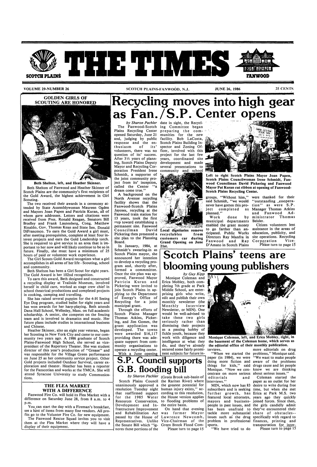 Scotch Plains the Times Fanwood Volume 29-Number 26 Scotch Plains-Fanwood, N.J, June 26, 1986 25 Cknts