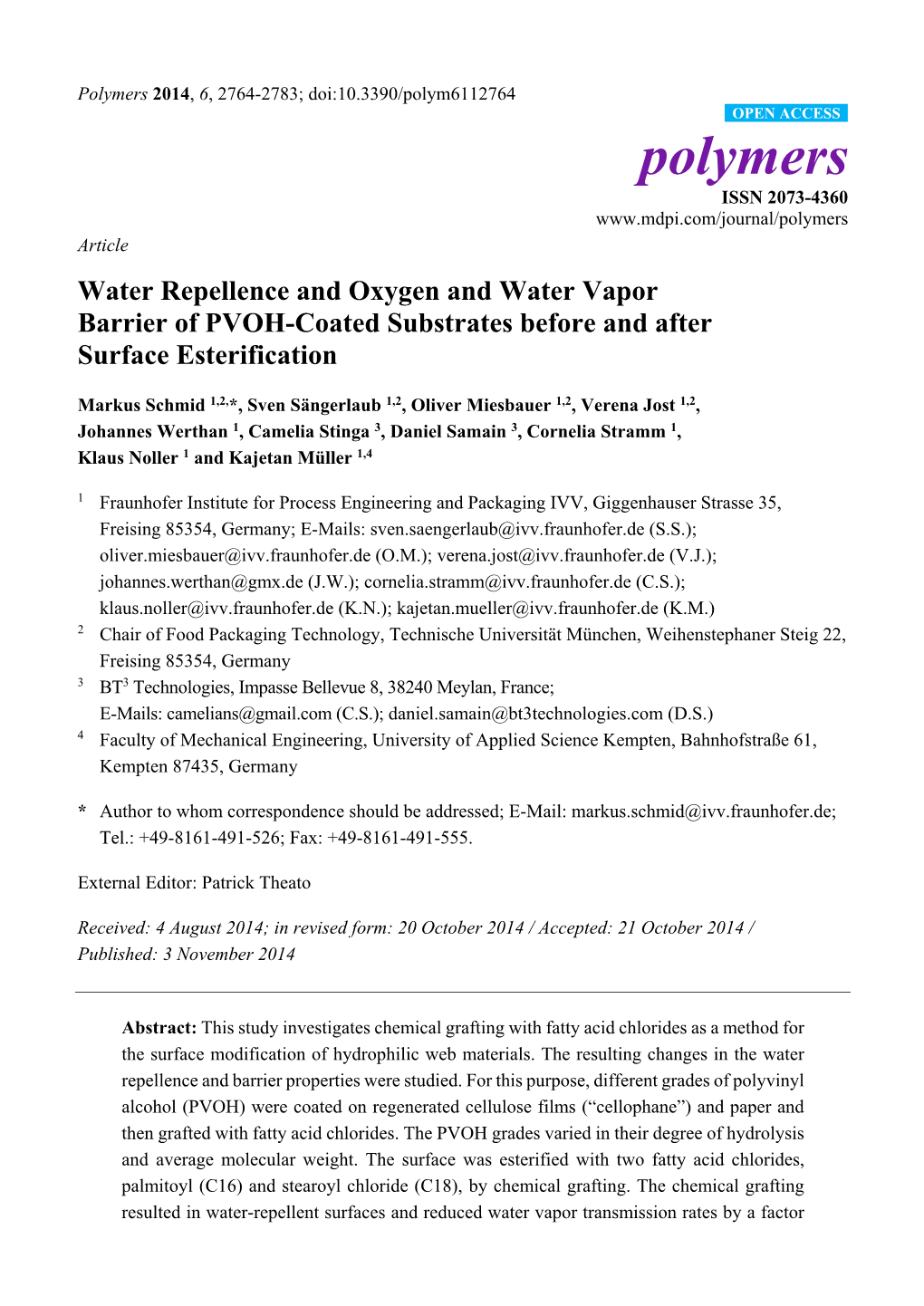 Water Repellence and Oxygen and Water Vapor Barrier of PVOH-Coated Substrates Before and After Surface Esterification