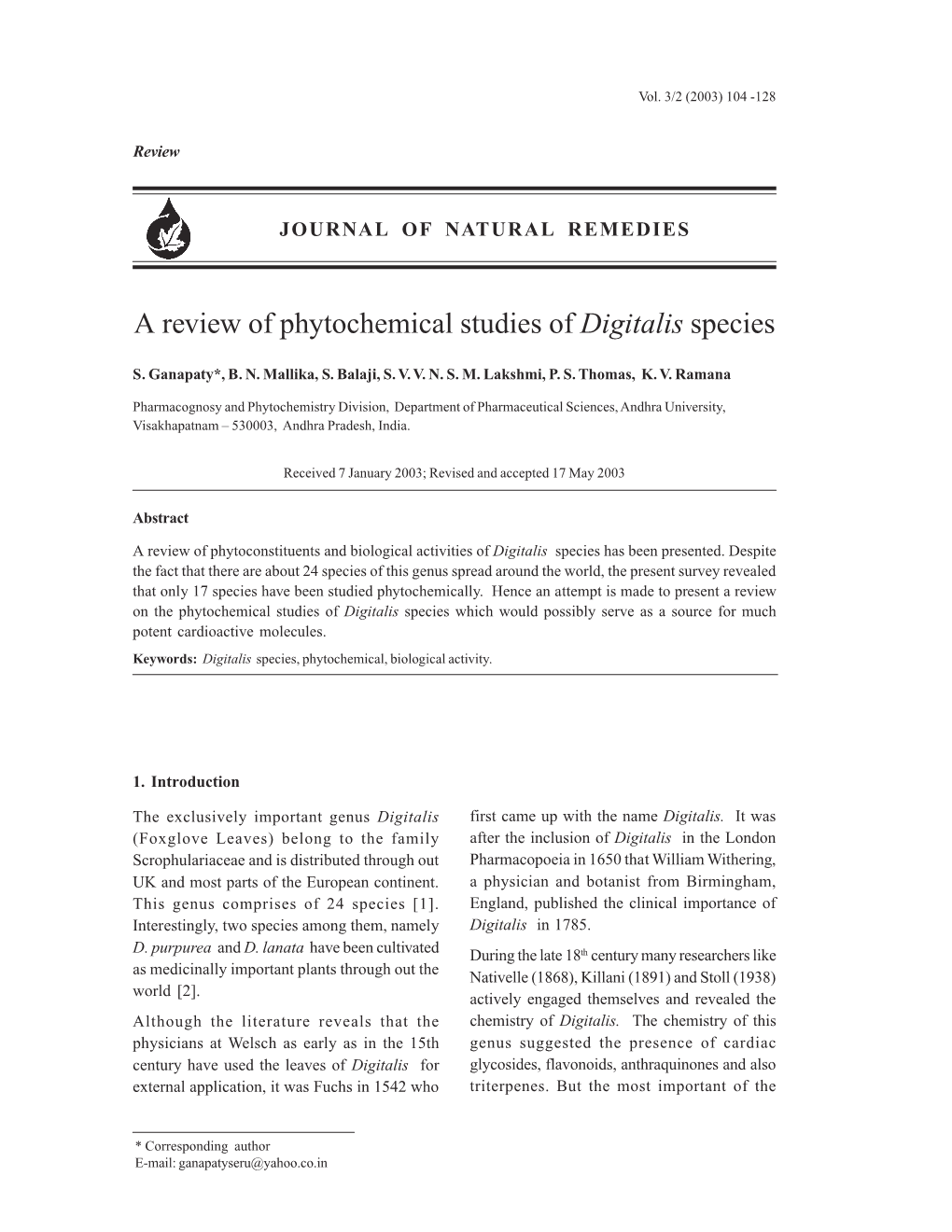 A Review of Phytochemical Studies of Digitalis Species