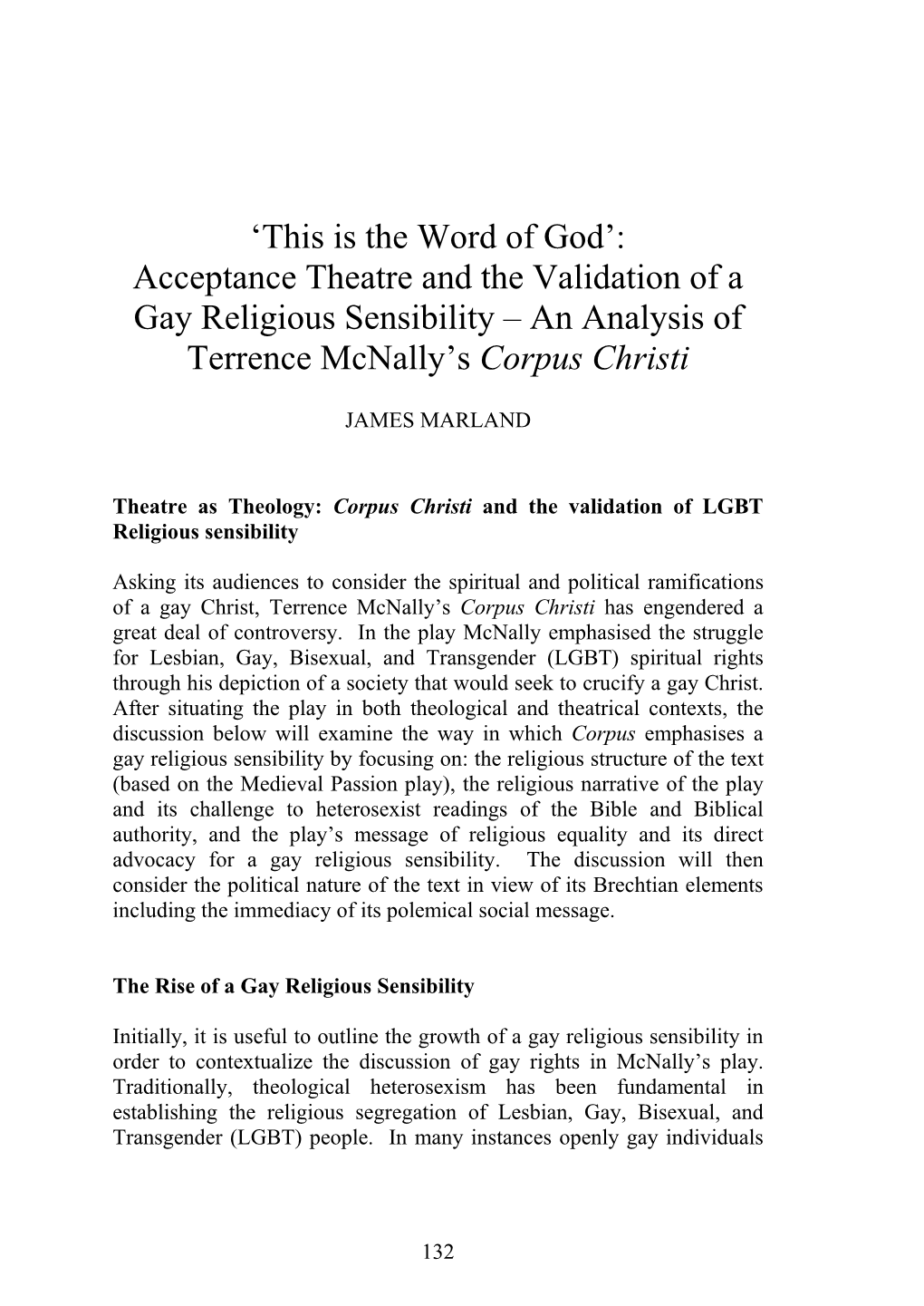 Acceptance Theatre and the Validation of a Gay Religious Sensibility – an Analysis of Terrence Mcnally’S Corpus Christi