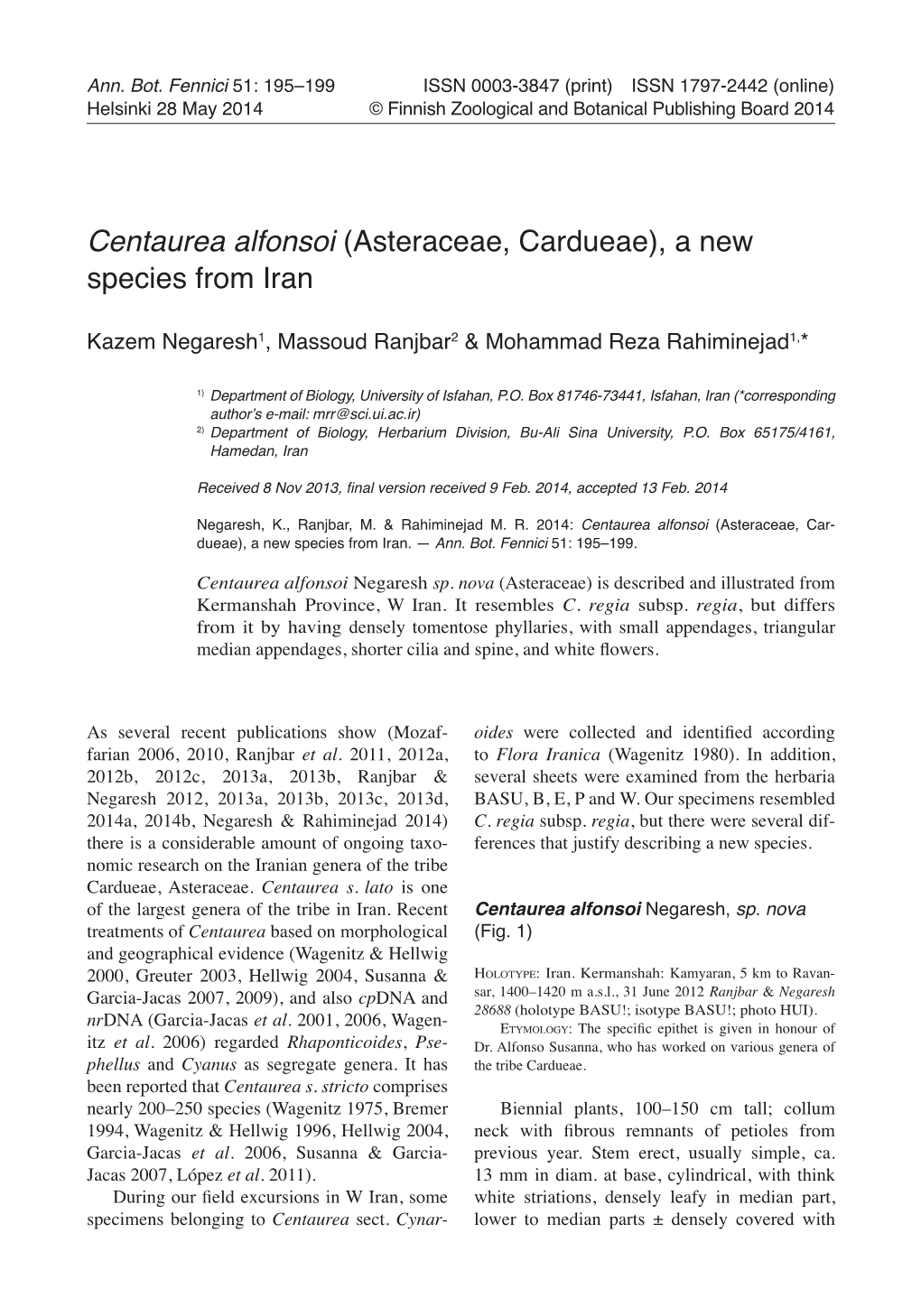 Asteraceae, Cardueae), a New Species from Iran