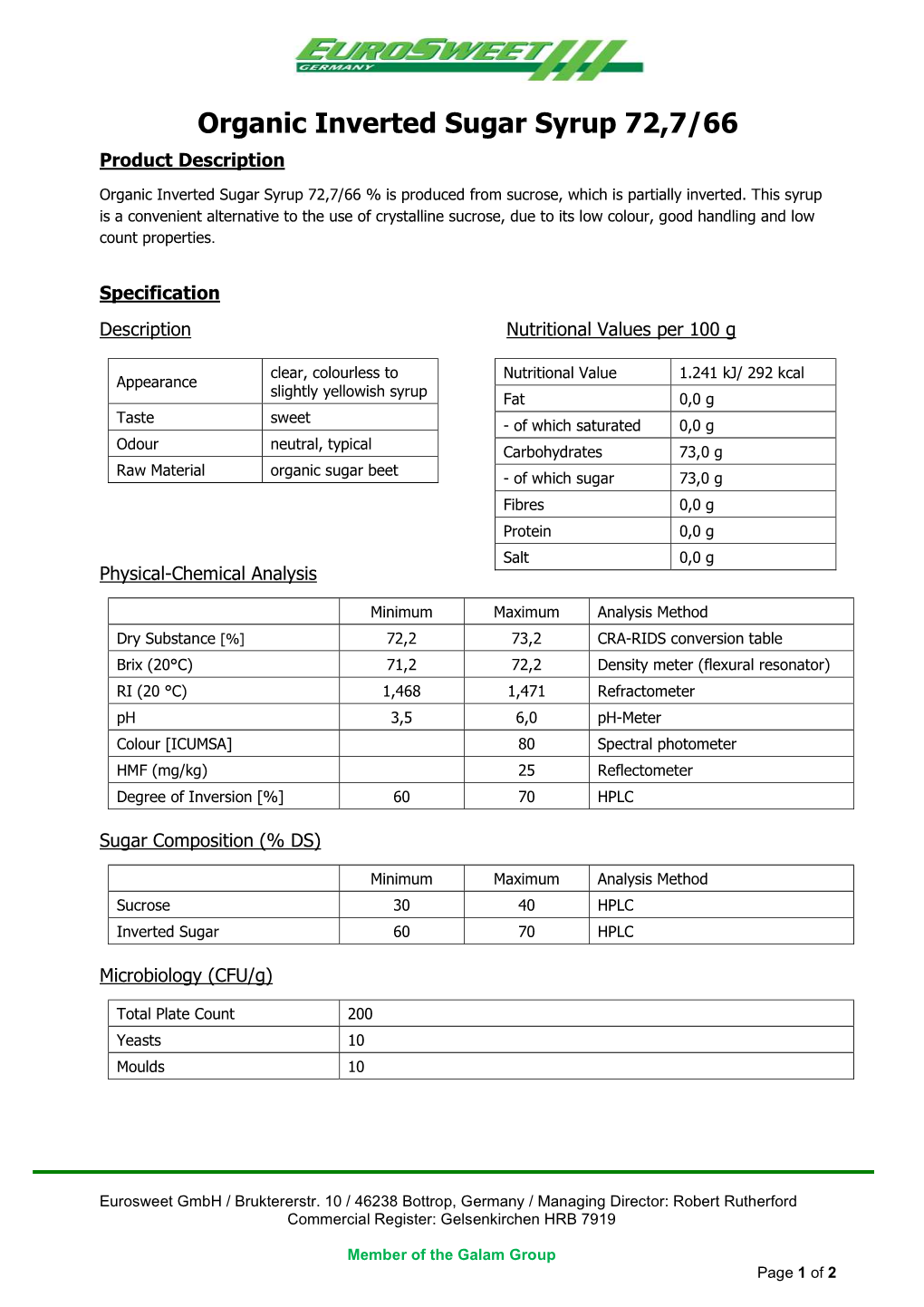 Organic Inverted Sugar Syrup 72,7/66 Product Description
