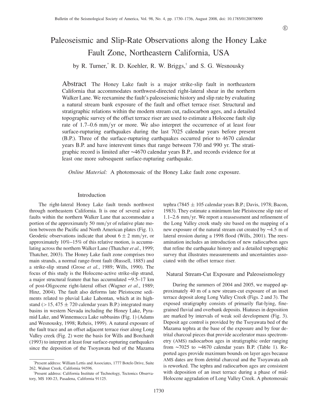 Paleoseismic and Slip-Rate Observations Along the Honey Lake Fault Zone, Northeastern California, USA by R