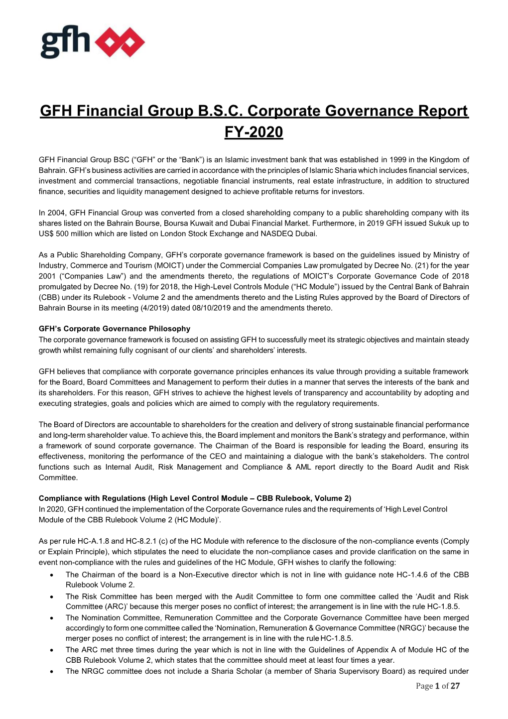 GFH Corporate Governance Report for FY-2020