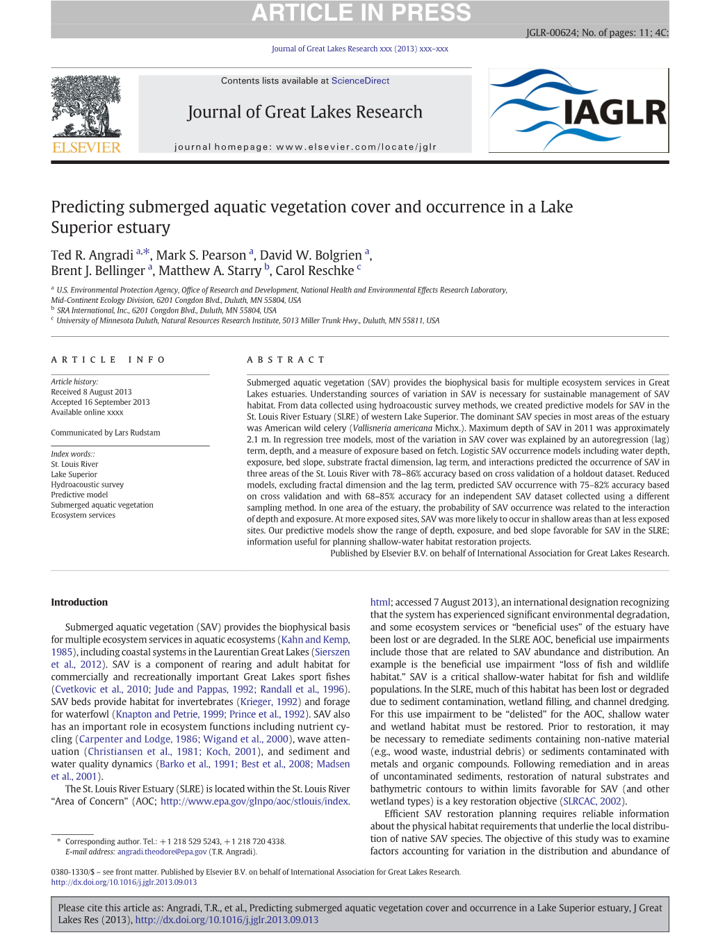 Predicting Submerged Aquatic Vegetation Cover and Occurrence in a Lake Superior Estuary