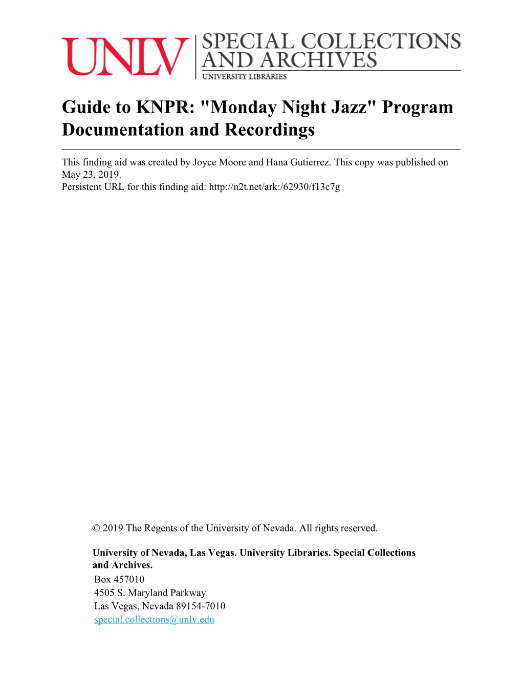 Guide to KNPR: "Monday Night Jazz" Program Documentation and Recordings