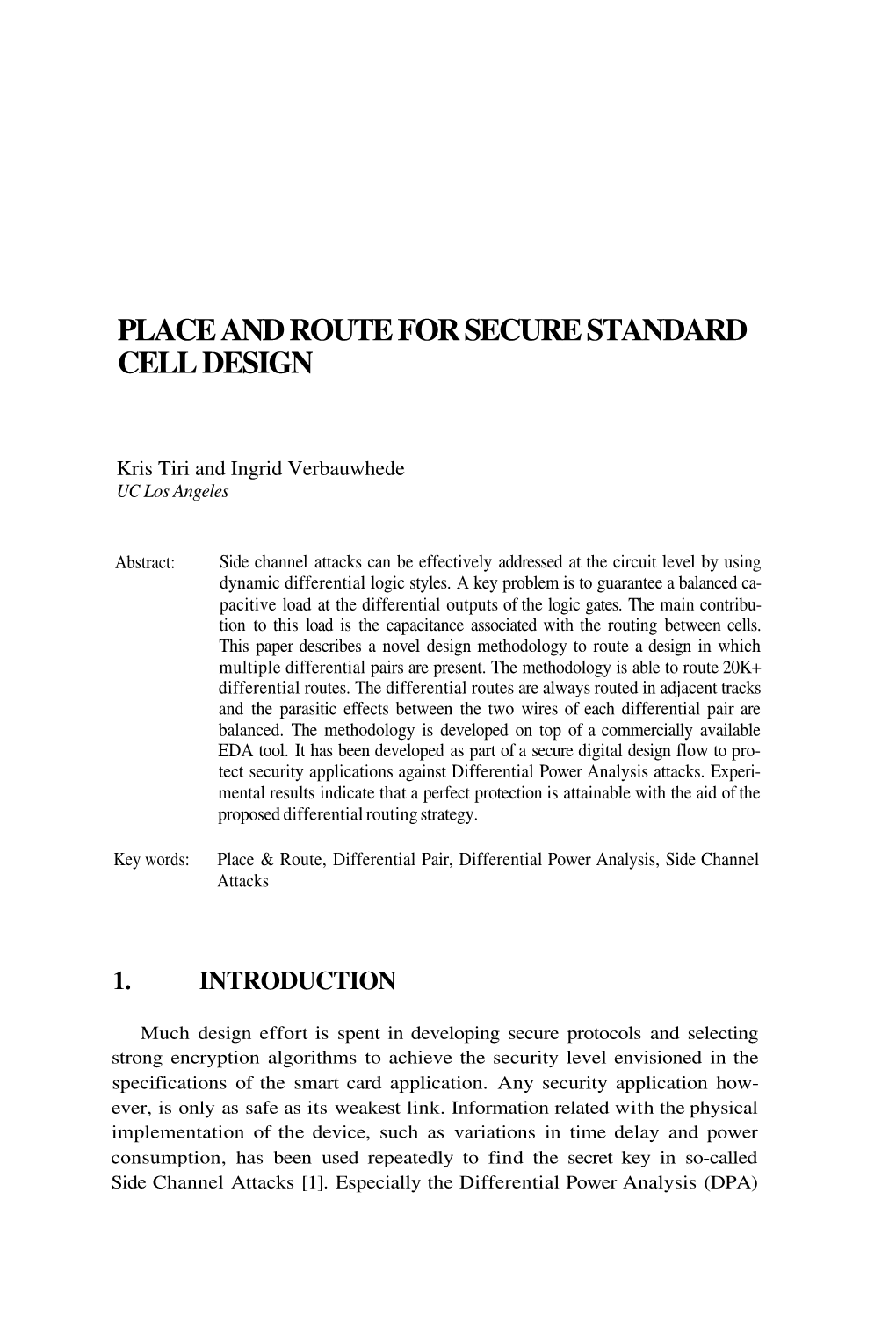 Place and Route for Secure Standard Cell Design