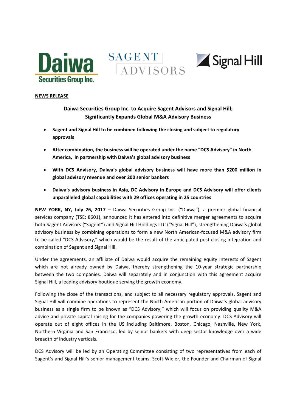 Daiwa Securities Group Inc. to Acquire Sagent Advisors and Signal Hill; Significantly Expands Global M&A Advisory Business