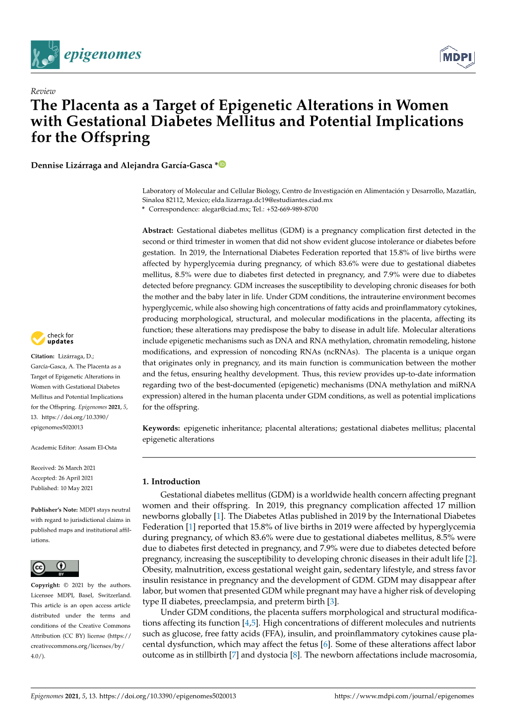 The Placenta As a Target of Epigenetic Alterations in Women with Gestational Diabetes Mellitus and Potential Implications for the Offspring