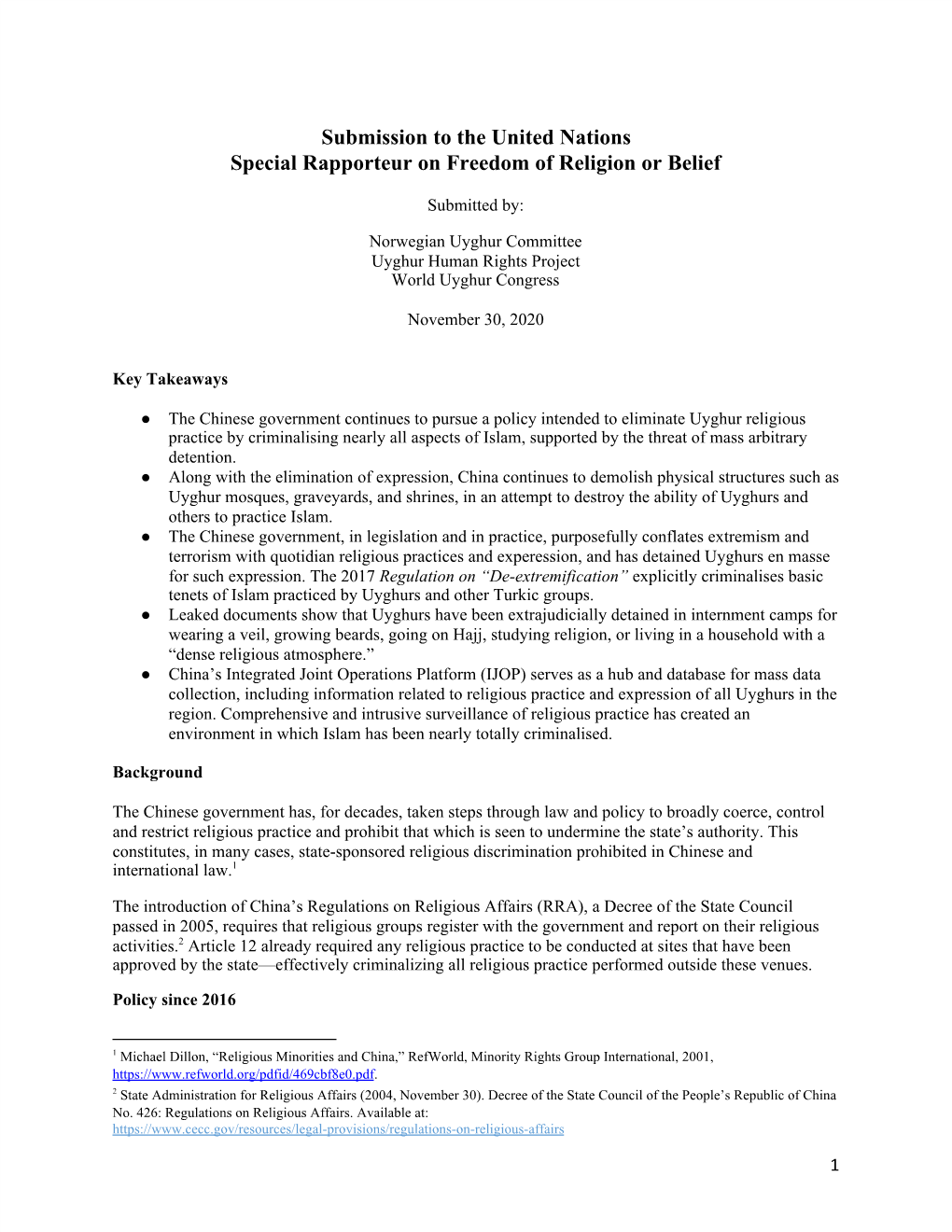 Submission to the United Nations Special Rapporteur on Freedom of Religion Or Belief