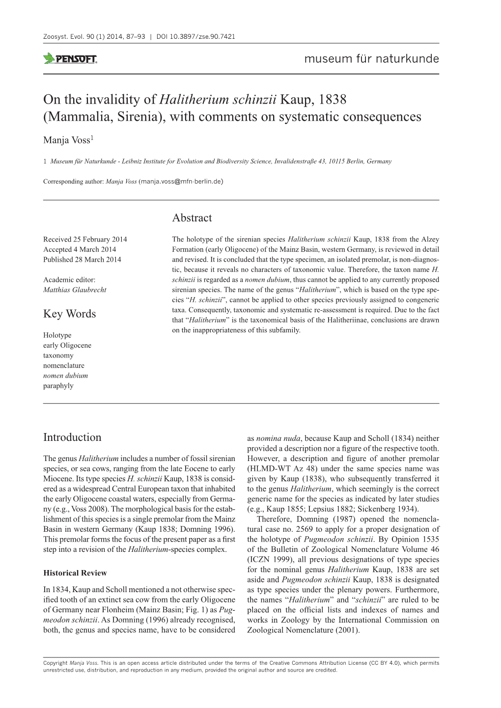 On the Invalidity of Halitherium Schinzii Kaup, 1838 (Mammalia, Sirenia), with Comments on Systematic Consequences