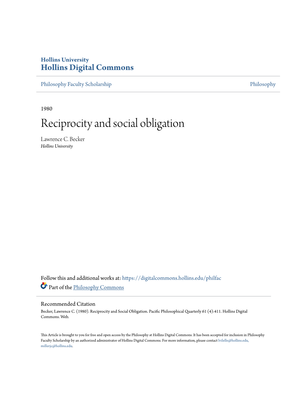 Reciprocity and Social Obligation Lawrence C