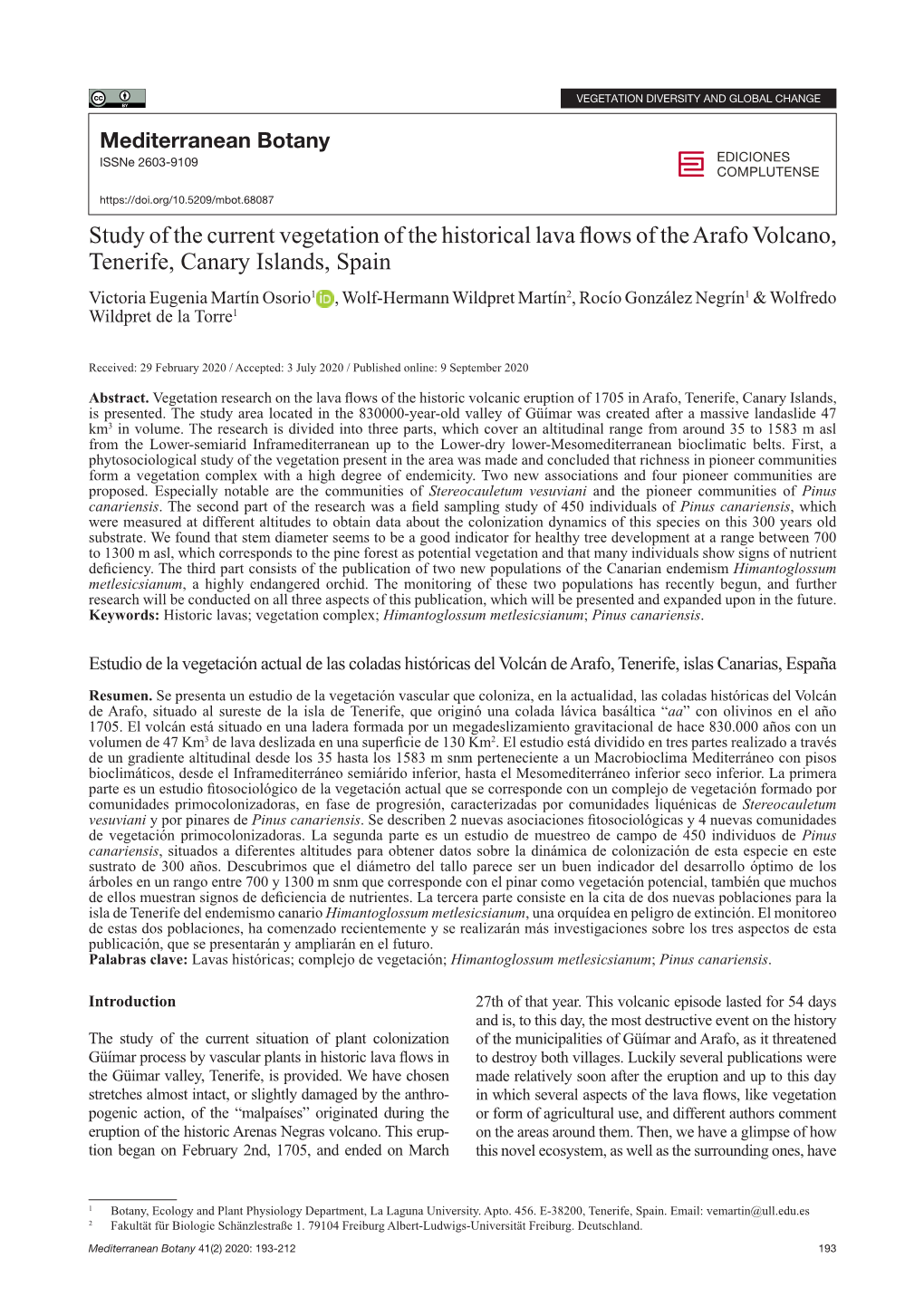 Study of the Current Vegetation of the Historical Lava Flows of the Arafo