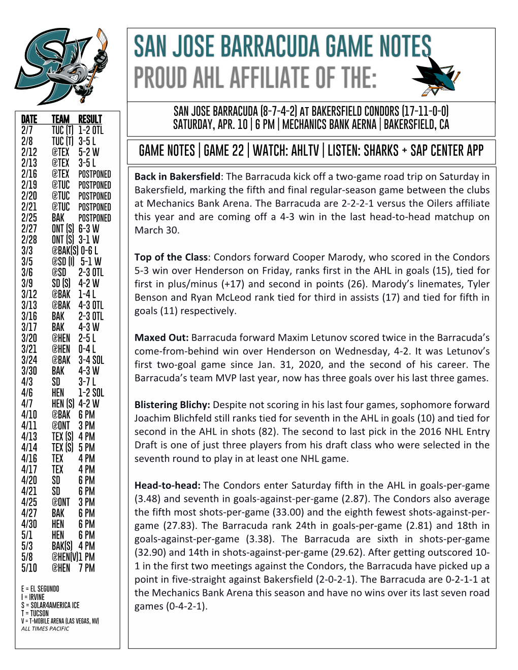 San Jose Barracuda Game Notes