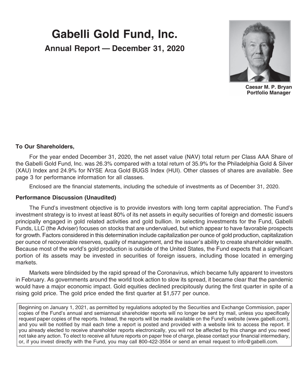 Gabelli Gold Fund, Inc. Annual Report — December 31, 2020