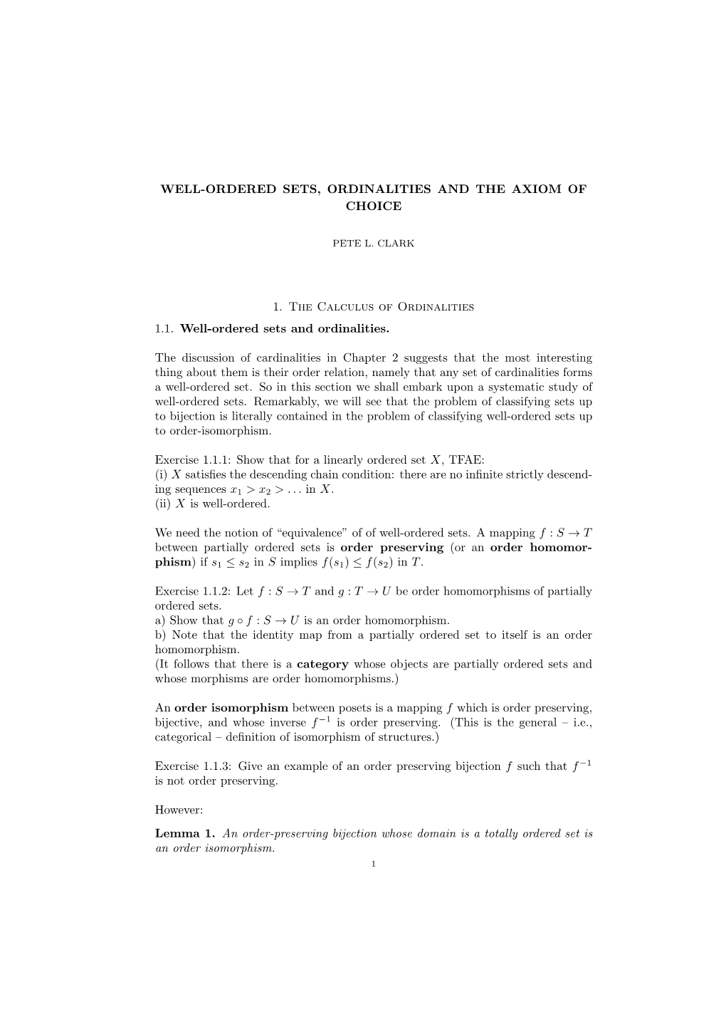 Well-Ordered Sets, Ordinalities and the Axiom of Choice