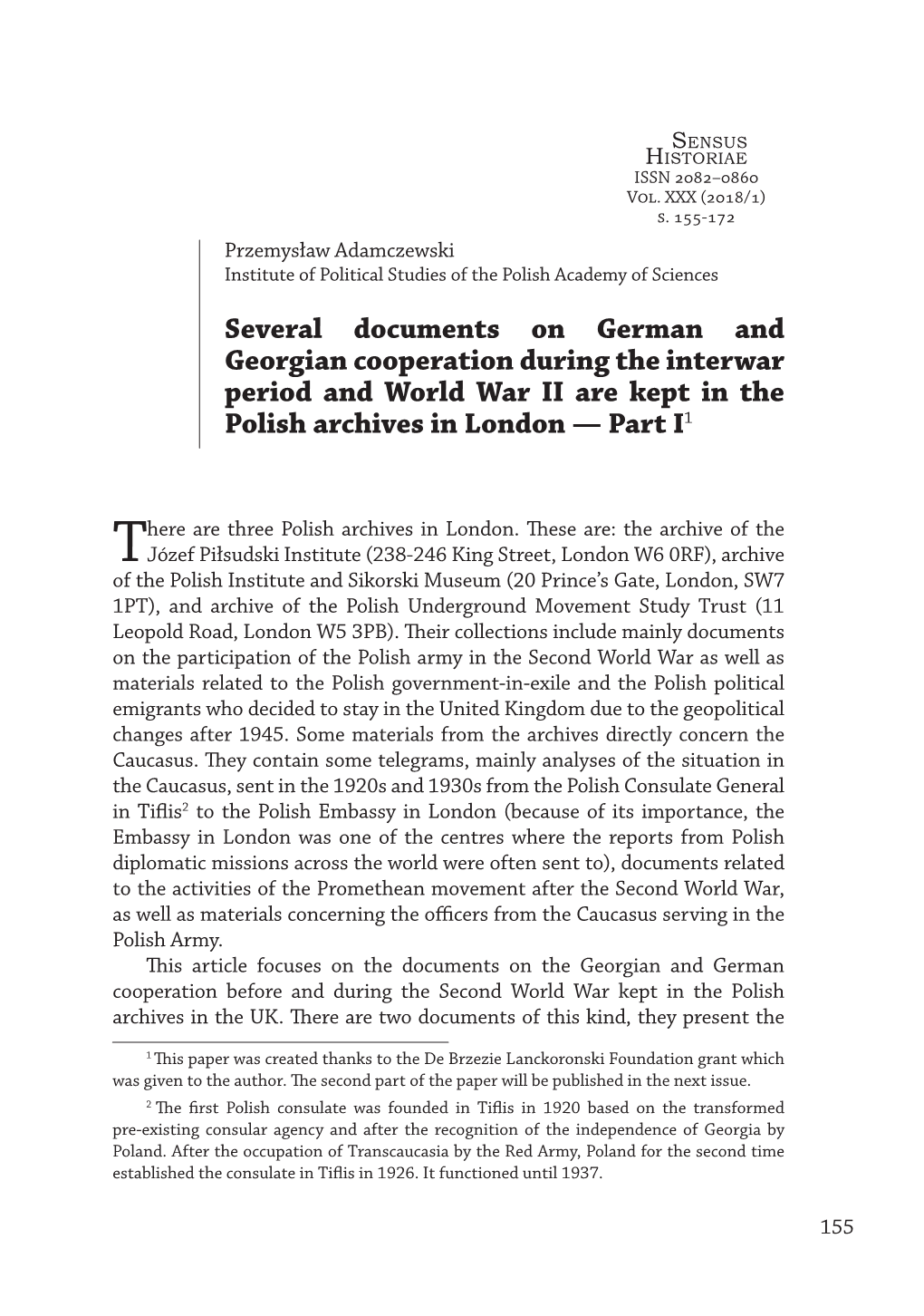 Several Documents on German and Georgian Cooperation During the Interwar Period and World War II Are Kept in the Polish Archives in London — Part I1