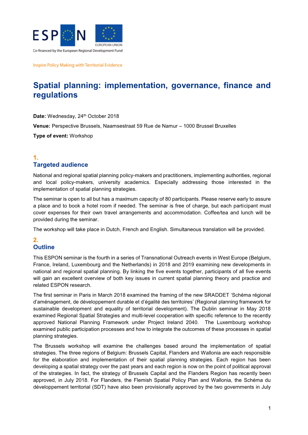 Spatial Planning: Implementation, Governance, Finance and Regulations