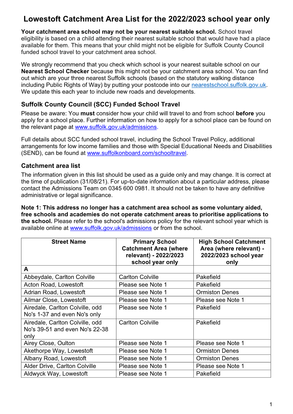 Lowestoft Catchment Area List for the 2022/2023 School Year Only Your Catchment Area School May Not Be Your Nearest Suitable School