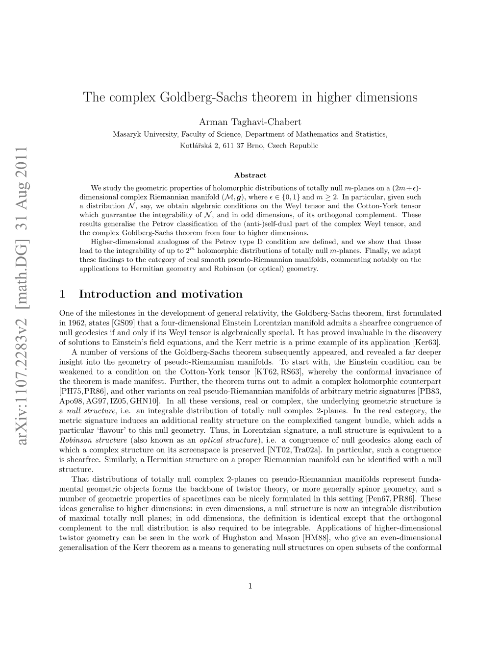 The Complex Goldberg-Sachs Theorem in Higher Dimensions