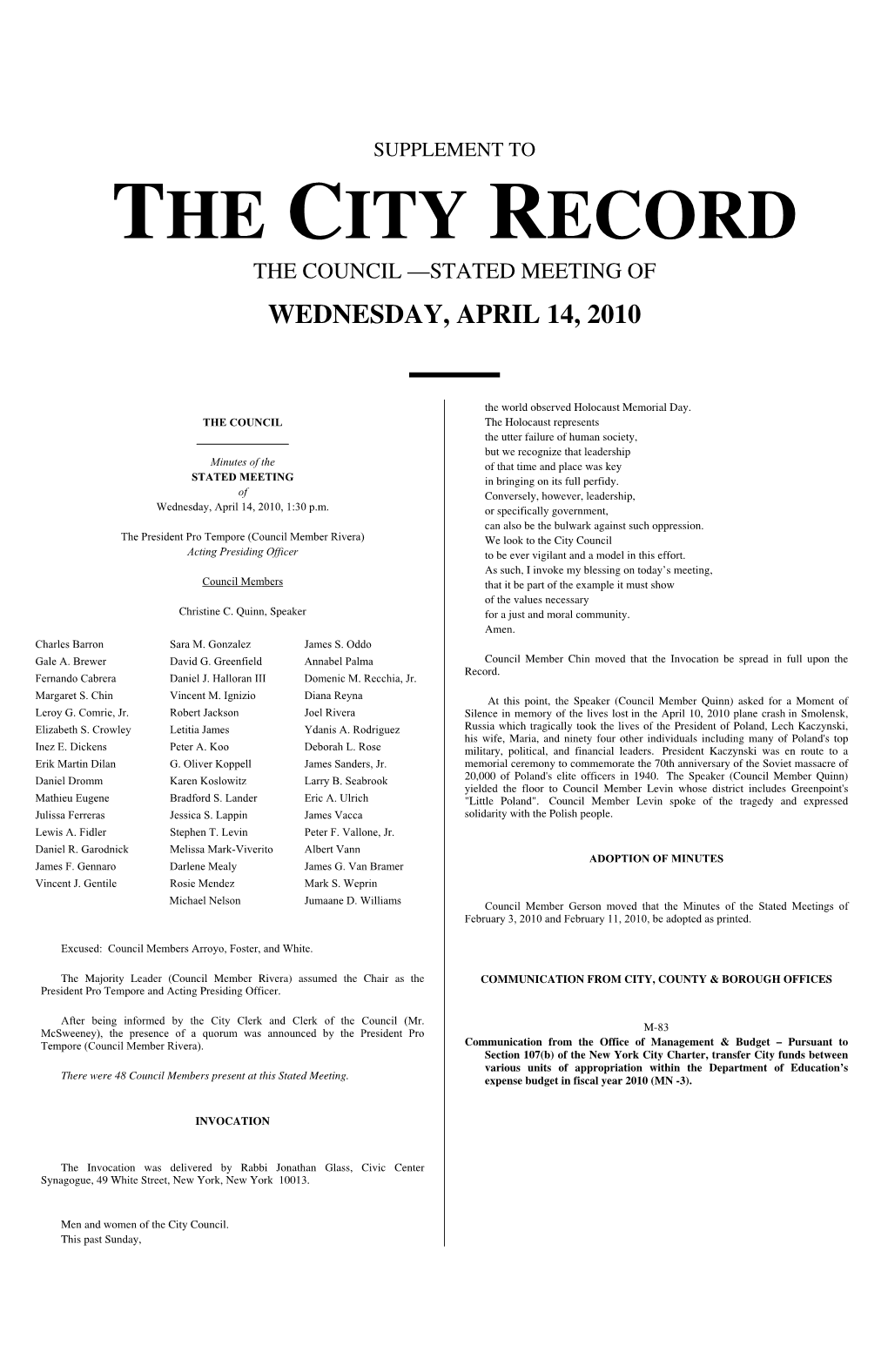 Supplement to the City Record the Council —Stated Meeting of Wednesday, April 14, 2010