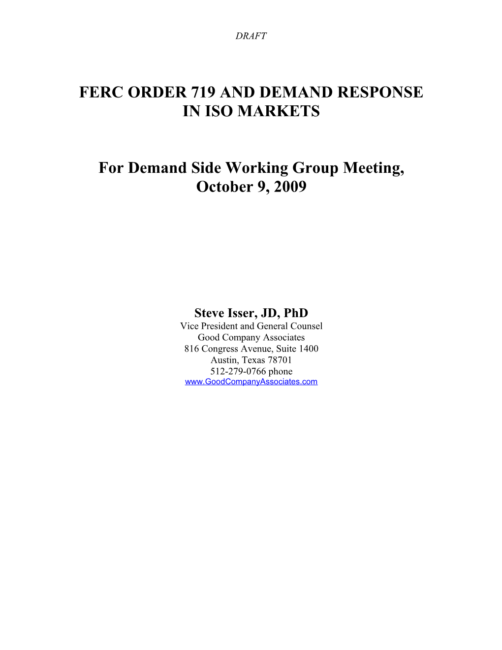 Ferc Order 719 and Demand Response in Iso Markets