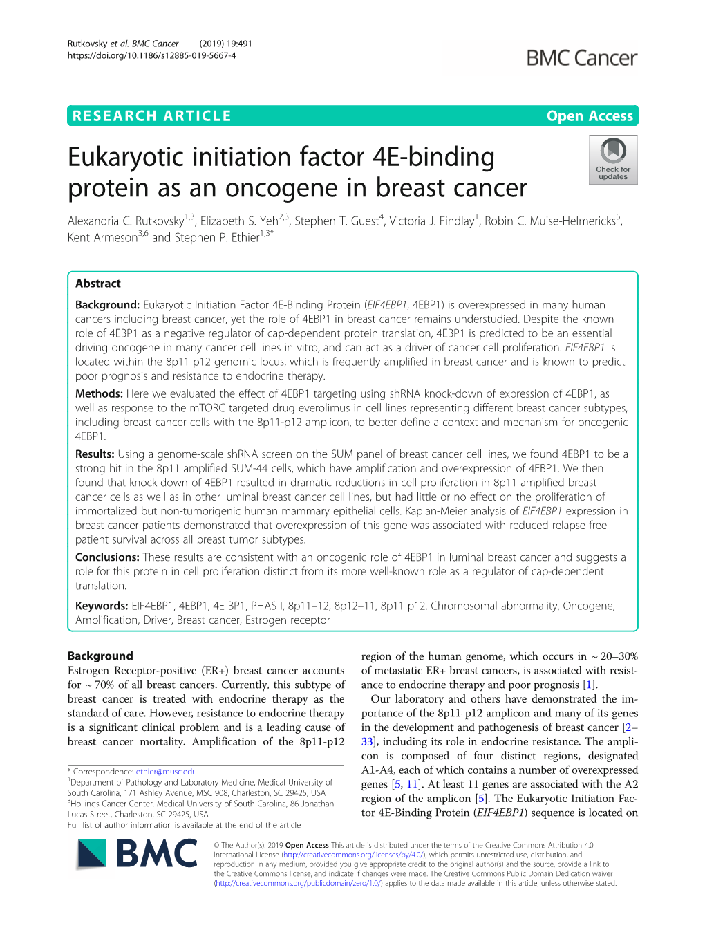 Eukaryotic Initiation Factor 4E-Binding Protein As an Oncogene in Breast Cancer Alexandria C