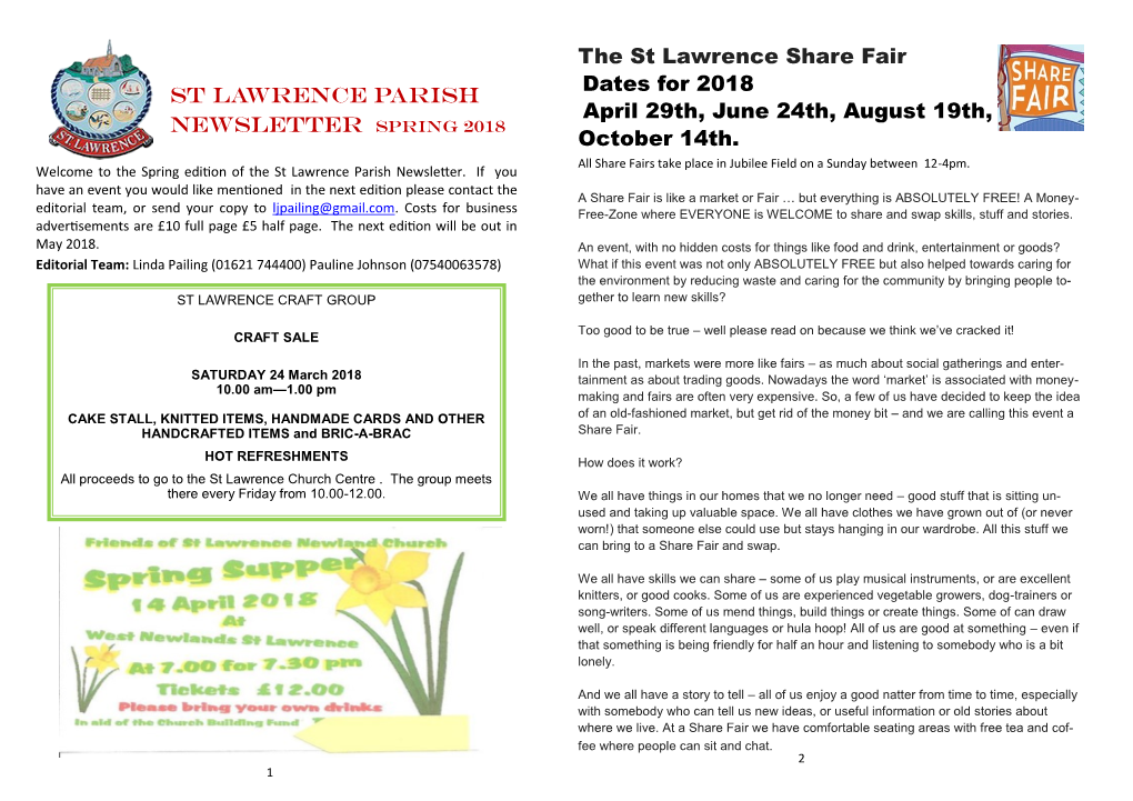 St Lawrence Parish Newsletter Spring 2018 the St Lawrence Share Fair Dates for 2018 April 29Th, June 24Th, August 19Th, October