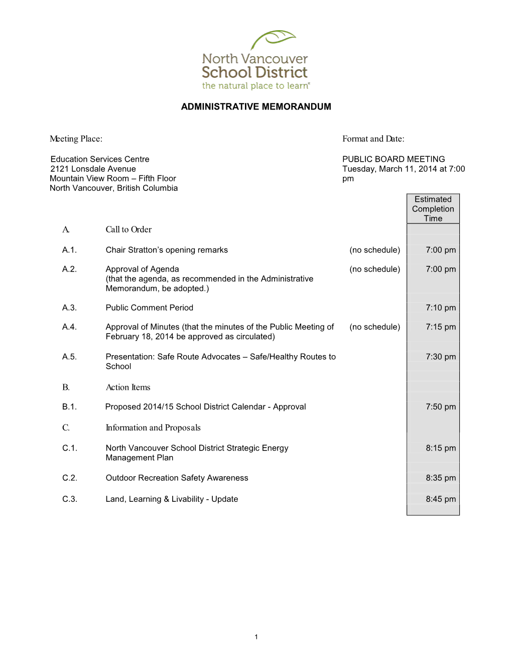 Public Board Meeting Agenda Package 2014 03 11